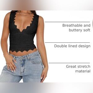 NWT-  Black Sleeveless Double Lined fits Like XL Lace Cropped Tank Top